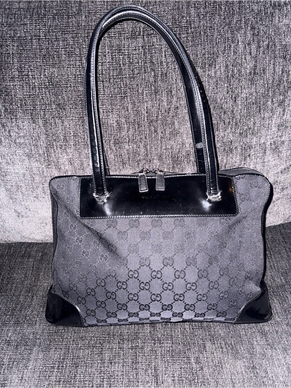 Gucci Black Monogram Shoulder Bag with Patent Trim